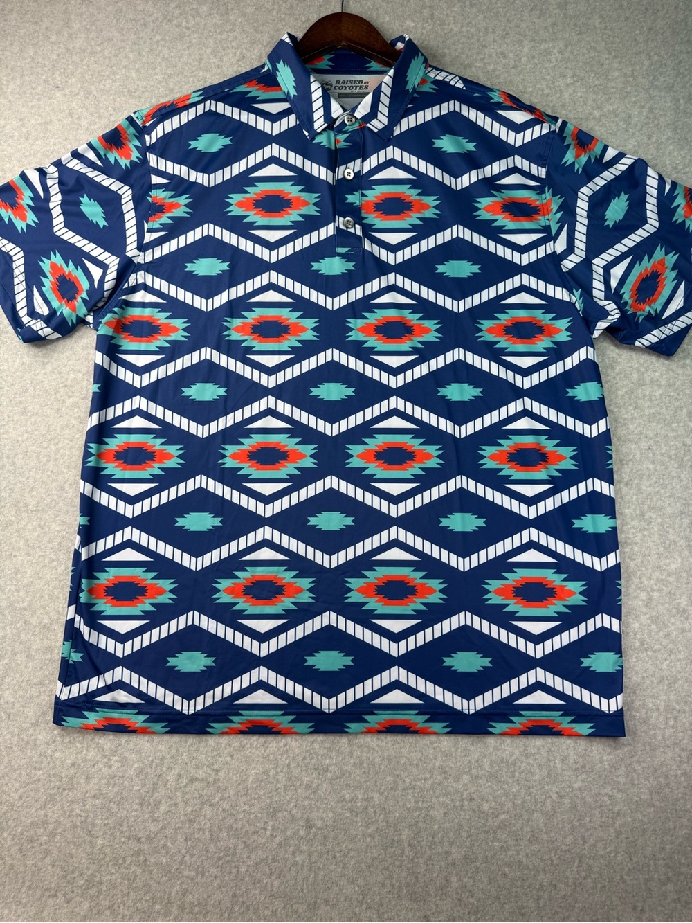 Raised by Coyotes Men's Navy Aztec Print Golf Polo Shirt